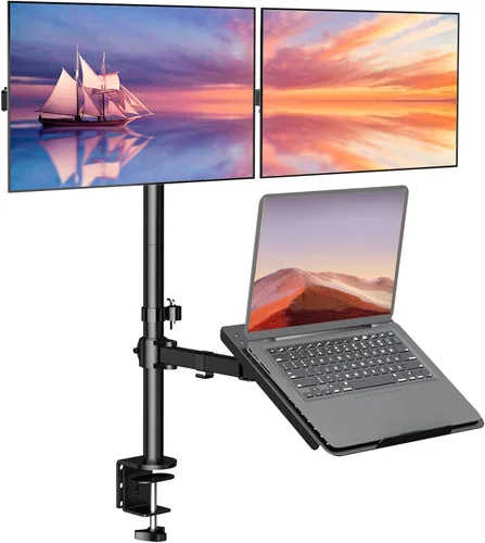 Vista 11 de WALI Soporte para laptop y monitor, soporte para monitor totalmente ajustable y bandeja para laptop para 1 portátil de hasta 17 pulgadas y 1