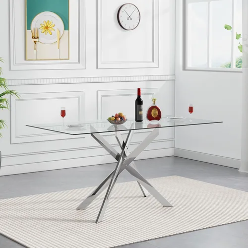 Vista 10 de Mesa de comedor de vidrio negro de 51.2 pulgadas para 4, mesa rectangular de comedor de cocina para 4, mesa rectangular de vidrio templado de 0.32