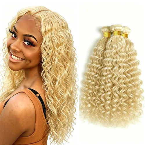 Vista 135 de P4613 Cabello humano rizado onda profunda marrón y paquetes mixtos 8 10 12 P4613 Ombre Marrón-Rubio-DP
