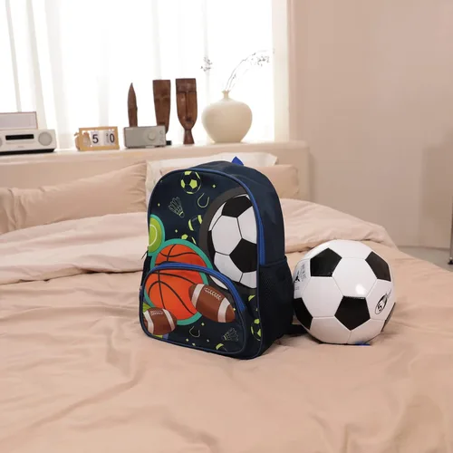 Vista 8 de BTOOP Mochila escolar para niños, mochila escolar para preescolar y jardín de infantes con unicornio con clip para el pecho, Sportball-azul marino