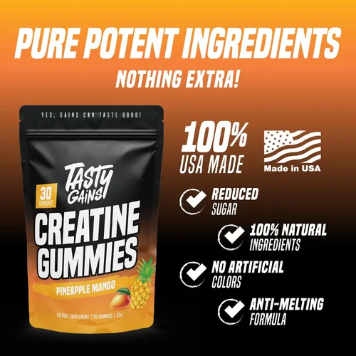 Vista 3 de TASTY GAINS Gomitas de Creatina - 90g de Monohidrato de Creatina - Suplementos para Entrenamiento - Construye Músculo y Aumenta la Fuerza