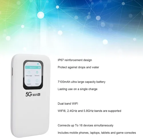 Vista 3 de Hotspot móvil WiFi 5G, enrutador portátil Wi Fi 6 para viajes soporta hasta 16 dispositivos, pantalla táctil de 2.01 pulgadas, con ranura