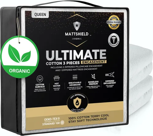 Vista 20 de MATTSHIELD - Juego máximo de 3 piezas – Protector de colchón impermeable de rizo de algodón orgánico individual + 2 protectores de almohada