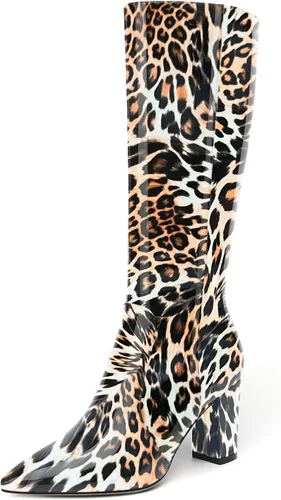 Vista 183 de AMBELIGHT Botas altas hasta la rodilla con cremallera y puntera puntiaguda para mujer, de patente sólida, tacón alto, 3.3 pulgadas
