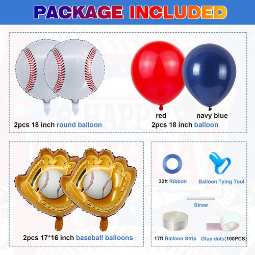 Vista 2 de Guirnalda de arco de globos de béisbol, 146 piezas de papel de aluminio de béisbol, guantes de látex de confeti rojo, blanco, azul marino, confeti