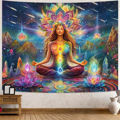 Vista 15 de Kanuyee Tapiz de luz negra de neón para colgar en la pared, bosque encantado, cascada, tapices para dormitorio, tapices UV, para colgar en la pared