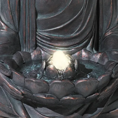 Vista 6 de Buda meditando de 24" de alto, fuente de piso de resina grande Zen Asiático para interiores y exteriores con luz LED, fuente de burbujas de agua