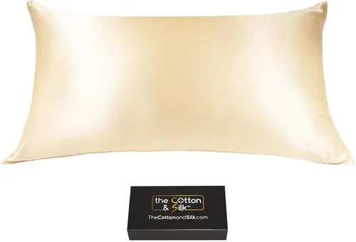 Vista 7 de Funda de almohada de seda de morera 22 Momme (cierre envolvente en la parte posterior), colección elegante, tamaño Queen, caramelo + crema