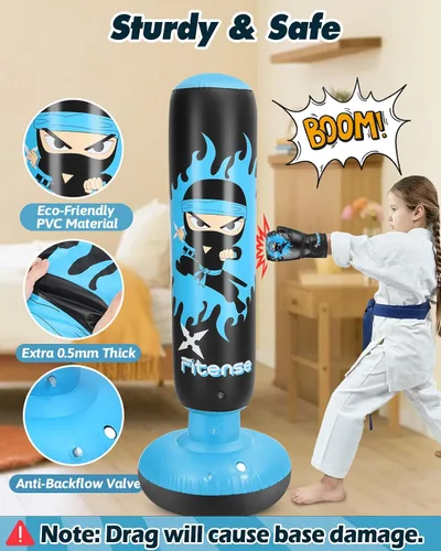 Vista 3 de Fitense Kids Punching Bag, 63 Inch Inflatable Punching Bag with Electric Air Pump & Gloves, Kids Boxing Bag for Boys Girls Age 6-12, Dinosaur Ninja