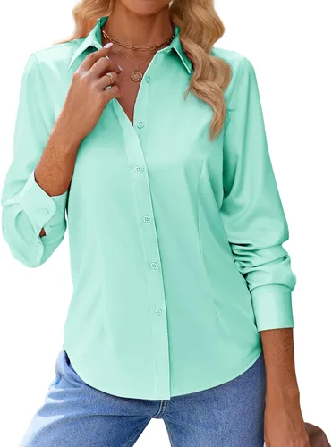 Vista 12 de siliteelon Camisas con botones para mujer, con protección contra manchas, de manga larga, sin arrugas, blusas de oficina