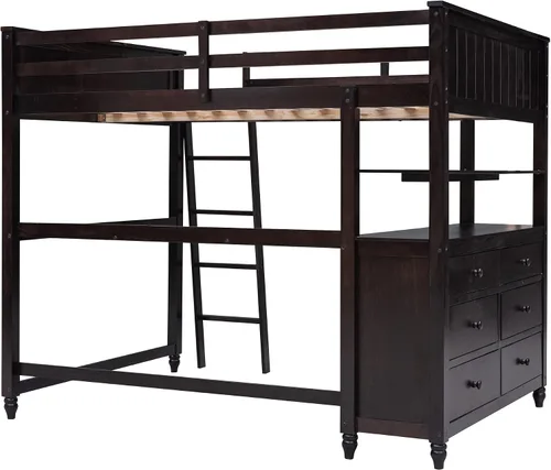 Vista 5 de Cama loft multifuncional de tamaño matrimonial con escritorio integrado, 6 cajones de almacenamiento y estante, marco de cama de madera con escalera