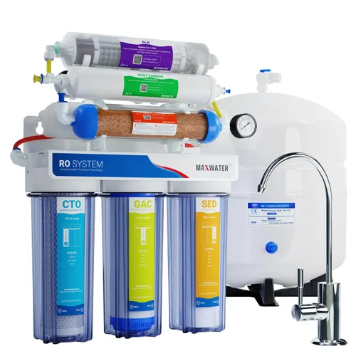 Vista 7 de Max Water 11 etapas 50 GPD (galones por día) RO (ósmosis inversa) + U - V y pH alcalino (5 en 1) sistema de filtro de agua debajo del fregadero