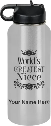 Vista 76 de LaserGram Botella de agua con tapa abatible de doble pared de 12 onzas con pajilla, sobrina más grande del mundo, grabado personalizado incluido