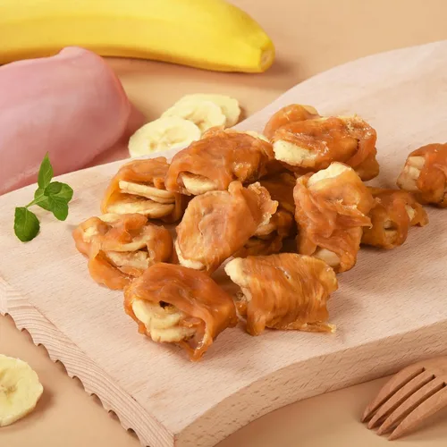Vista 3 de Pawmate Dog Treats - Rebanadas de plátano envueltas en pollo con 1% de taurina, aperitivos de entrenamiento saludables ricos en fibra natural
