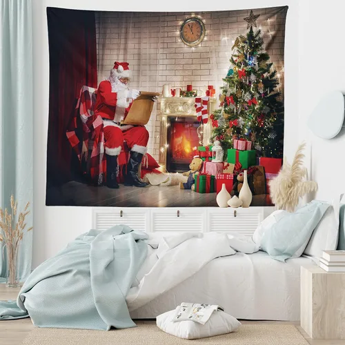 Vista 6 de Ambesonne Tapiz de Papá Noel, viejo Papá Noel sentado en casa en la noche de Navidad, leyendo una carta cerca del árbol, colgante de pared ancho