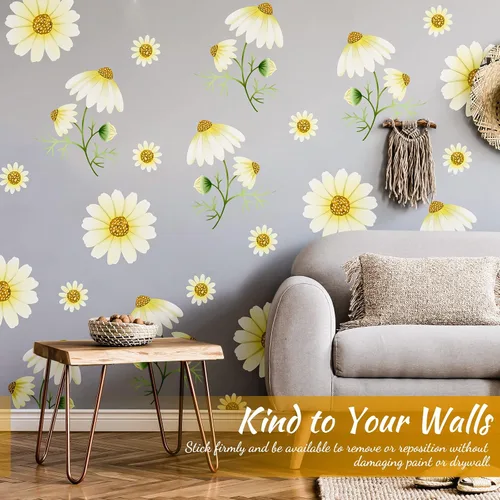 Vista 5 de Calcomanías de pared de margaritas para despegar y pegar, calcomanías de pared de vinilo con margaritas amarillas extraíbles, decoración de pared