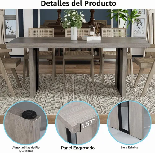 Vista 4 de Auromie Mesa de comedor rústica de 71 pulgadas para 8, mesa de comedor de granja para 6 a 8, mesa de cocina rectangular con patas resistentes