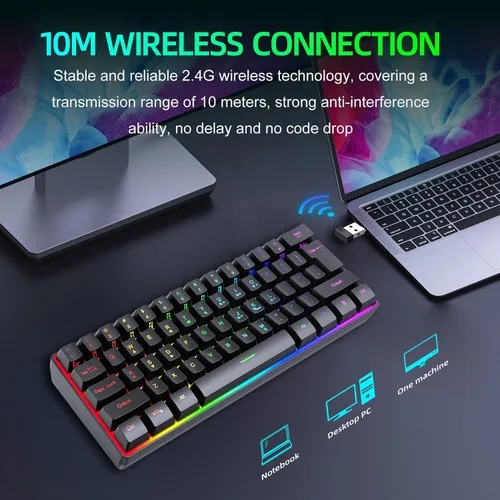 Vista 8 de ASHATA 60% Wireless Mechanical Keyboard, 2.4G Gaming Keyboard RGB Backlit 61 Keys Rechargeable, Supports Sleep Mode, Ergonomic Comfort, for PC Laptop