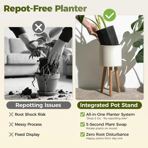 Vista 7 de Bamworld - Soporte individual para plantas de interior, soporte de metal para plantas de interior, patas de madera, soporte para macetas