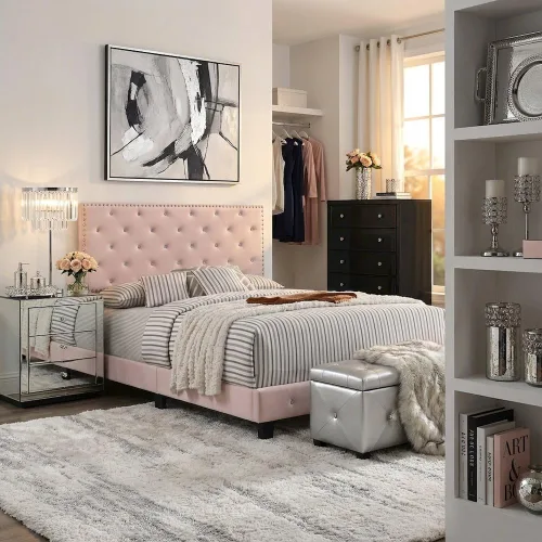 Vista 2 de Glory Furniture Cama matrimonial tapizada de terciopelo Suffolk en rosa