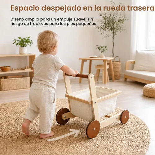 Vista 5 de Woodtoe Andador de madera para bebés, cochecito de muñeca para niños y Caminante de aprendizaje para bebés, ruedas traseras grandes y estables