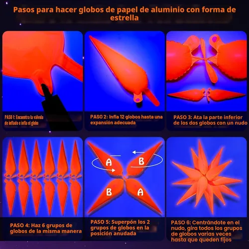 Vista 8 de Mega-L - Suministros de fiesta que brillan en la oscuridad, kit de 5 globos de estrella de neón - Explosión de lámina de neón y globos de cono de 12