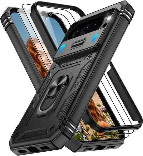 Vista 243 de Gritup Funda para Google Pixel 6 con cubierta deslizante para cámara y protector de pantalla (2 unidades), soporte de anillo giratorio 360°, funda