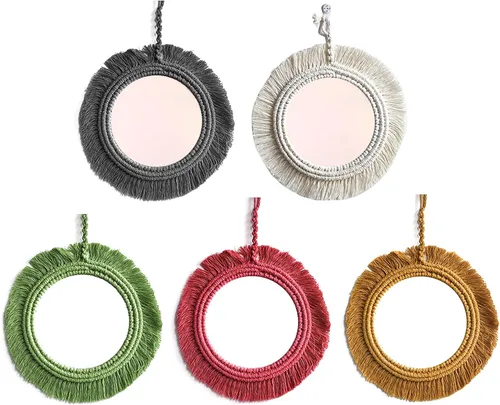 Vista 2 de Espejo de pared de macramé con flecos redondos para dormitorio, apartamento, entradas, decoración del hogar, espejo de pared