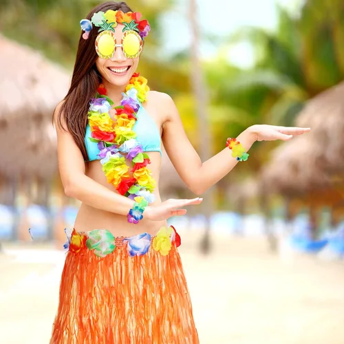 Vista 7 de Paquete de 10 accesorios de disfraz de falda hula hawaiana, faldas de hierba hawaiana para fiesta Luau, diadema hawaiana, flores, collar, pulseras