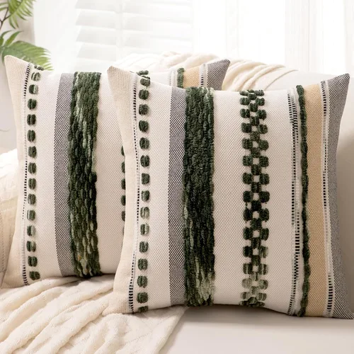 Vista 14 de Fundas de almohada decorativas estilo bohemio de 18x18, juego de 2, para sofá, cama, fundas de cojín cuadradas a rayas para granja, fundas