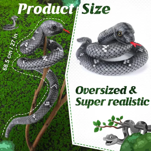 Vista 5 de Peluche de serpiente, animal de serpiente de peluche, serpientes de juguete pequeñas de 27 pulgadas para niños, animales de peluche gigantes, Negro