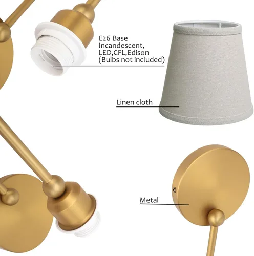 Vista 6 de Antique Linen Fabric Wall Sconces Set of 2, Hardwired Curved Arm Bathroom Vanity Light, Indoor Wall Decor Lamp for Living Room, Kitchen, Bedroom