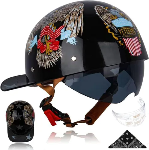 Vista 11 de Gorra de béisbol para motocicleta, 3 unidades, aprobado por DOT, estilo vintage, cara abierta, unisex, para adultos, medios cascos de doble lente