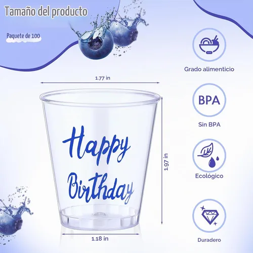 Vista 2 de Lallisa 100 vasos de chupito desechables de plástico de feliz cumpleaños, 2 onzas, vaso de chupito de cumpleaños, degustación de bebidas Azul