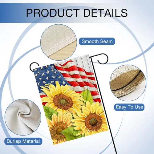 Vista 3 de Hzppyz Bandera patriótica de jardín de primavera y verano con girasoles del 4 de julio, Día de los Caídos, decoración para exteriores de doble cara