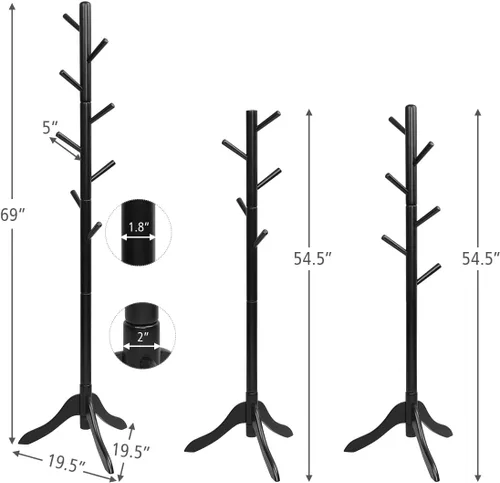 Vista 5 de Tangkula Perchero de madera para árbol independiente, soporte de entrada con 8 ganchos, altura ajustable, perchero para el hogar, oficina, pasillo