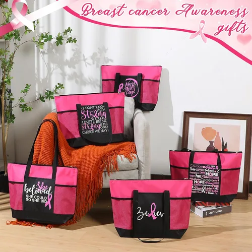 Vista 4 de Bolsas de regalo para concientización sobre el cáncer de mama, bolsas de señal de cinta rosa para mujer, bolsillo de malla, apoyo para concientizar