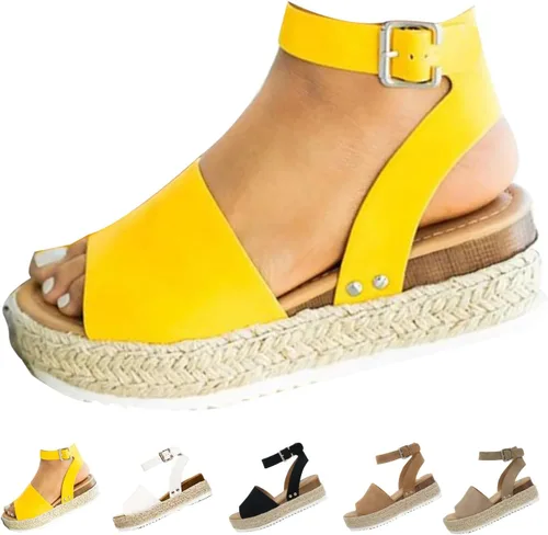 Vista 9 de DevilAngel Sandalias de cuña casuales de verano con hebilla y hebilla para el tobillo y plataforma plana para mujer Negro