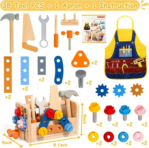 Vista 8 de TONZE Juego de herramientas para niños con delantal, caja de banco de herramientas de madera para niños pequeños, juguetes Montessori para niños
