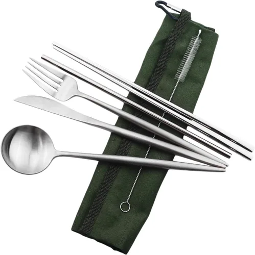 Vista 15 de Utensilios de viaje reutilizables, 7 piezas portátiles de acero inoxidable 304, incluyendo cuchillo, tenedor, cuchara, palillos, cepillo