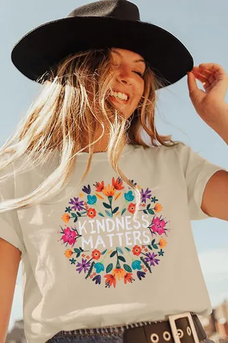 Vista 8 de Camisetas de profesor para mujer, camiseta con texto en inglés "Be Kindness", camisetas de salud mental, camiseta bohemia con gráficos florales