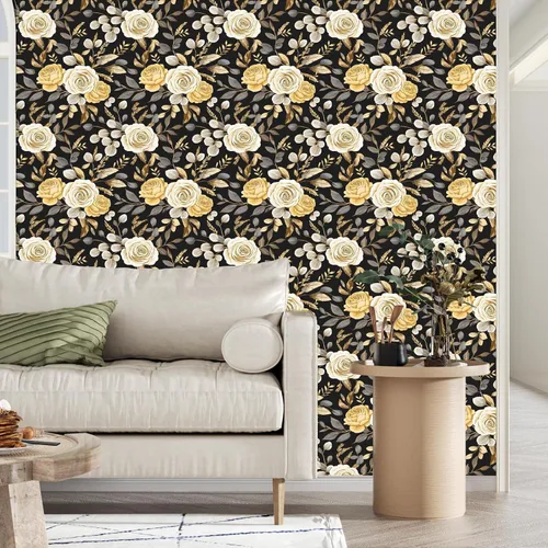 Vista 5 de Papel tapiz floral oscuro, papel tapiz autoadhesivo para despegar y pegar, papel tapiz de vinilo negro bohemio para armarios, papel adhesivo