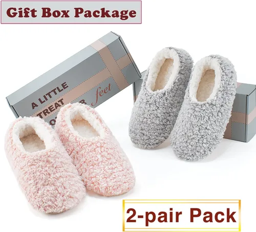 Vista 5 de Paquete de 2 pantuflas de casa suaves y peludas para mujer en interiores, cálidas suelas antideslizantes de sherpa, zapatos de calcetín mullidos
