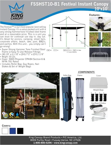 Vista 2 de King Canopy Festival de 10 pies por 10 pies desplegable instantáneo con bolsas de peso, cuerdas y estacas, marco de acero de 1 pulgada, azul