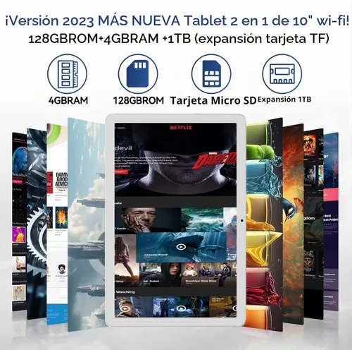 Vista 2 de Tablet 10.1 pulgadas 128 Almacenamiento+1TB Expandir 2 en 1 Tabletas Android, Tablet con funda de teclado Mouse, 5G Dual WiFi, GPS, Octa Core