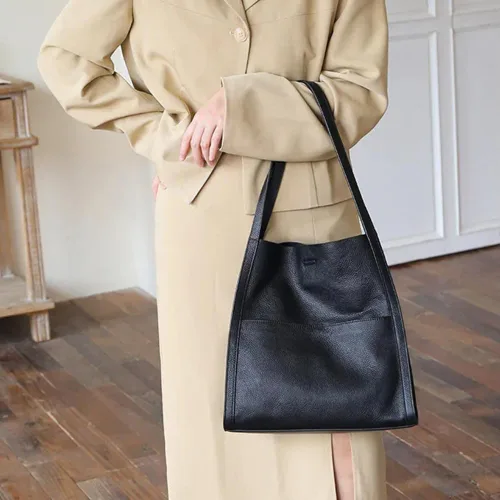 Vista 6 de Bolso de hombro para mujer, color sólido, de piel auténtica, bolso de mano de gran capacidad, bolso de viaje, bolso de fin de semana, comprador