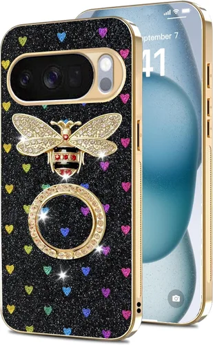 Vista 10 de nancheng Funda para Google Pixel 6 de lujo, diseño de abeja, corazón y abeja, chapado en oro, con anillo de diamante de 360°, correa de cordón