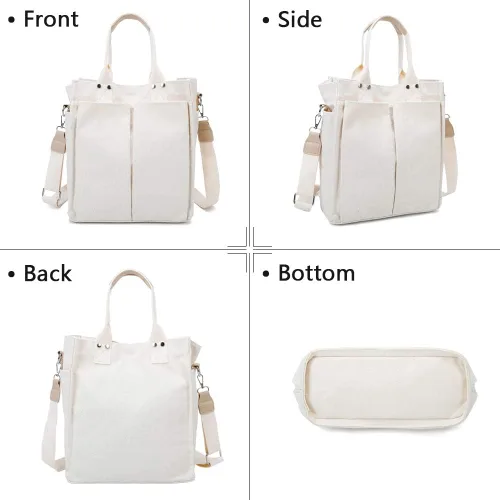 Vista 3 de Bolso de lona de algodón para mujer, bolso de hombro con asa superior, bolso cruzado, Blanco