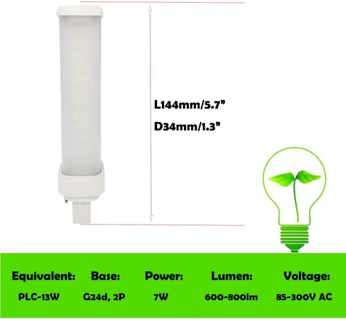 Vista 4 de 2 piezas G24d 2Pin 7W 5.7 pulgadas CFL 2U PL-C 13 W Horizontal LED de repuesto giratorio PL horizontal empotrable techo equivalente