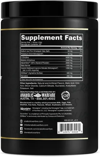 Vista 5 de Anabolic Warfare Veiniac - Suplemento activador de bomba muscular sin estimulantes antes del entrenamiento con L-citrulina, betaína anhidra